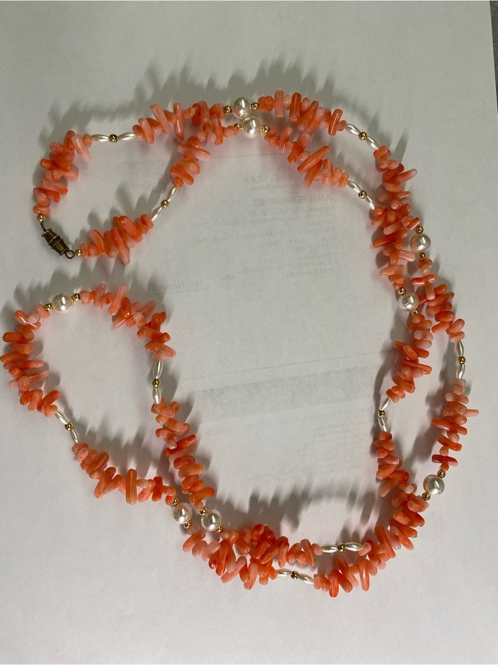 Coral Chip Necklace with Faux Pearls